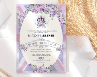 Kings Charles III Coronation Invite Printable Street Party Invitations Royal Garden Tea Party Editable Template Purple Red Blue Floral P558