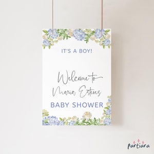 Hydrangea Baby Shower Welcome Sign Printable Boys, Floral Baby Sprinkle Party Welcome Poster Blue Cream Decor, Editable Template P44