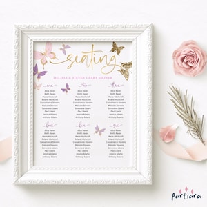 Vlinder zitplaatsen grafieksjabloon, dooptafel zitplaatsen teken afdrukbare, meisjes verjaardag tafelplan bewerkbaar, pastelroze lila decor P345