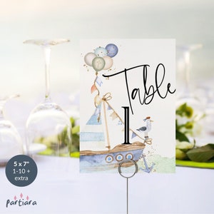 Numéros de table nautiques 1er anniversaire imprimables, téléchargement numérique décoration de fête de baptême pour garçons, modèle modifiable de voilier rustique P662