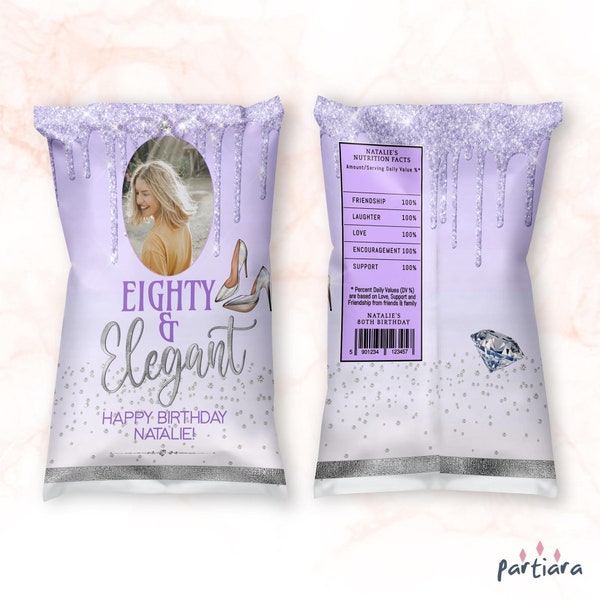 Ladies 80th Birthday Chip Bag Template Eighty and Elegant Lilac Silver Diamond Heels Favor Labels Printable Editable Digital Download P106