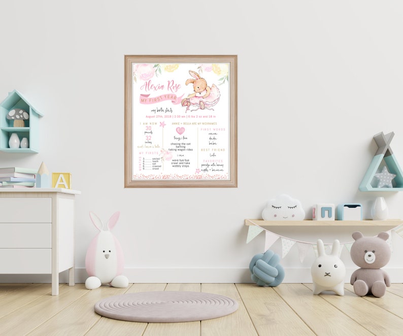 Baby Girl/'s First Birthday Party Memento Poster Ballet Rabbit Pastel Pink Floral P62 Bunny 1st Birthday Milestone Sign Board Printable