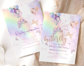 Baby Butterfly Invite Girl Baby Shower Butterflies Printable Pastel Pink Lilac Balloons Invitation with Editable Registry Details Card P87