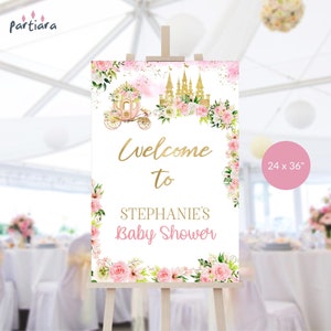 Princess Welcome Sign Girl Baby Shower Fairytale Party Welcome Poster Decoration Printable Pink Gold Floral Castle Carriage Download P137