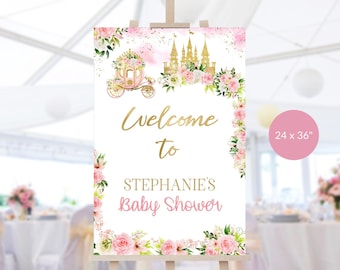 Princess Welcome Sign Girl Baby Shower Fairytale Party Welcome Poster Decoration Printable Pink Gold Floral Castle Carriage Download P137