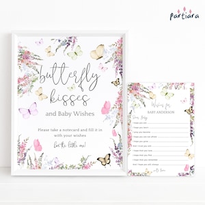 Letrero y tarjetas con los deseos del bebé con besos de mariposa, imprimibles, para baby shower de niña, tarjetas de recuerdo para fiesta con flores silvestres y colores pastel editables P256