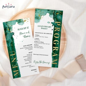 Plantilla de programa de cumpleaños verde con tarjetas de menú, programas de mesa de cena de oro esmeralda imprimibles, decoración de eventos de jubilación para mujeres, editable P205