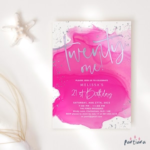 Plantilla de invitación editable para el cumpleaños número 21 de niñas, invitación imprimible para una cena en rosa fuerte y plateado, tarjeta de descarga digital editable P200