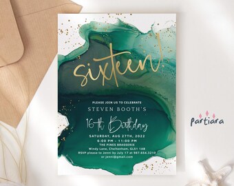 Smaragdgroen 16e verjaardagsuitnodiging afdrukbaar, Sweet 16-feestuitnodiging voor meisje bewerkbare sjabloon, decor goud glitter, digitale download P257