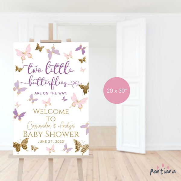 Two Little Butterflies Twin Girls Baby Shower Welcome Sign Butterfly Printable Purple Lilac Gold Poster Decor Editable Digital Download P345