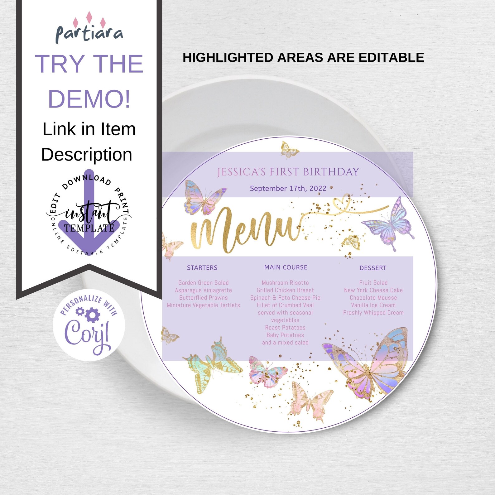 Butterfly Menu Card Editable Template Girl Plate Charger Menus | Etsy UK