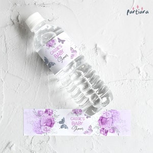 Floral Water Bottle Labels, Baby Shower Butterfly Label Template, Girls Birthday Butterflies Lilac Purple Decor, Editable Download P36