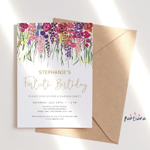 Faire-part d'anniversaire dans la jardin, dames 40e, 50e, 60e, carte florale imprimable, fleurs d'été rose violet rouge, modèle modifiable P621