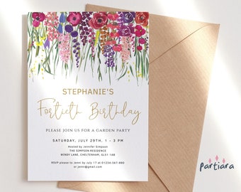 Summer Floral Garden Party Invitation, Editable Birthday Invites for Women, Magenta Blush Purple with Gold Invitation Online Printable P621