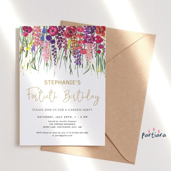 Summer Floral Garden Party Invitation, Editable Birthday Invites for Women, Magenta Blush Purple with Gold Invitation Online Printable P621