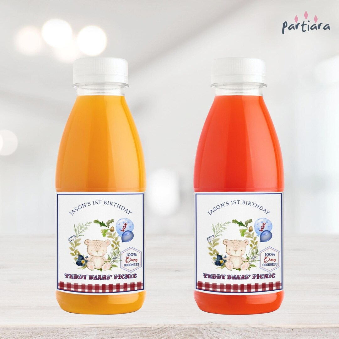 Teddy Bears Picnic Party Soda Pop Labels Printable Boy Birthday Tea Party Label Editable Blue ...