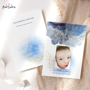 Modello di biglietto funebre blu, biglietto di preghiera con foto "Amato per sempre" per neonati, stampabile, decorazioni blu navy, bianco e oro, download immediato modificabile P239