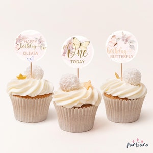 Topos de cupcake de capim-dos-pampas rosa para meninas, decoração de bolos para festa de 1º aniversário, blush, rosa, borboleta, floral, chá de bebê, editável P171