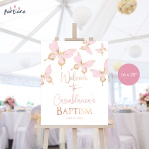Pink Baptism Welcome Sign, Girl Butterfly Party Printable, Pastel Rose Gold Welcome Poster Editable 16x20 Template Download P293