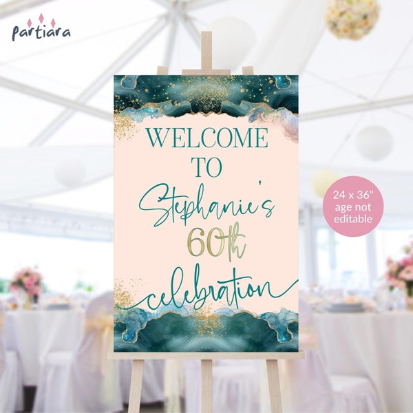 60th Birthday Sign Emerald Green Welcome Party Poster Decoration Printable Ladies Peach Gold Editable Digital Download Template P726