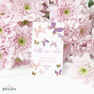 Schmetterling Baby Shower Tags, Baby Girl Willkommen Gefälligkeiten Geschenkanhänger Printable, Pastell Rosa Lila Schmetterlinge Danke Bearbeitbare Vorlage P345