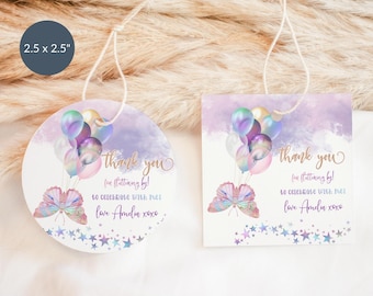 Rainbow Butterfly Favor Tag Printable, Girl Baby Shower Thank You Gifts Label Editable, Pink Purple 1st Birthday Favors Digital Download P87