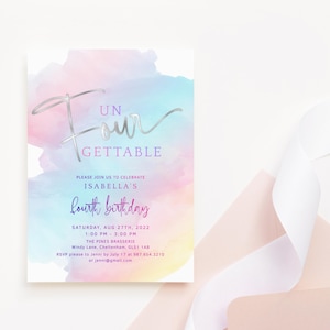 Unfourgettable Birthday Invitation, 4th Birthday Party Invite for Girls, Pastel Rainbow Unicorn Theme Printable, Editable Template P179