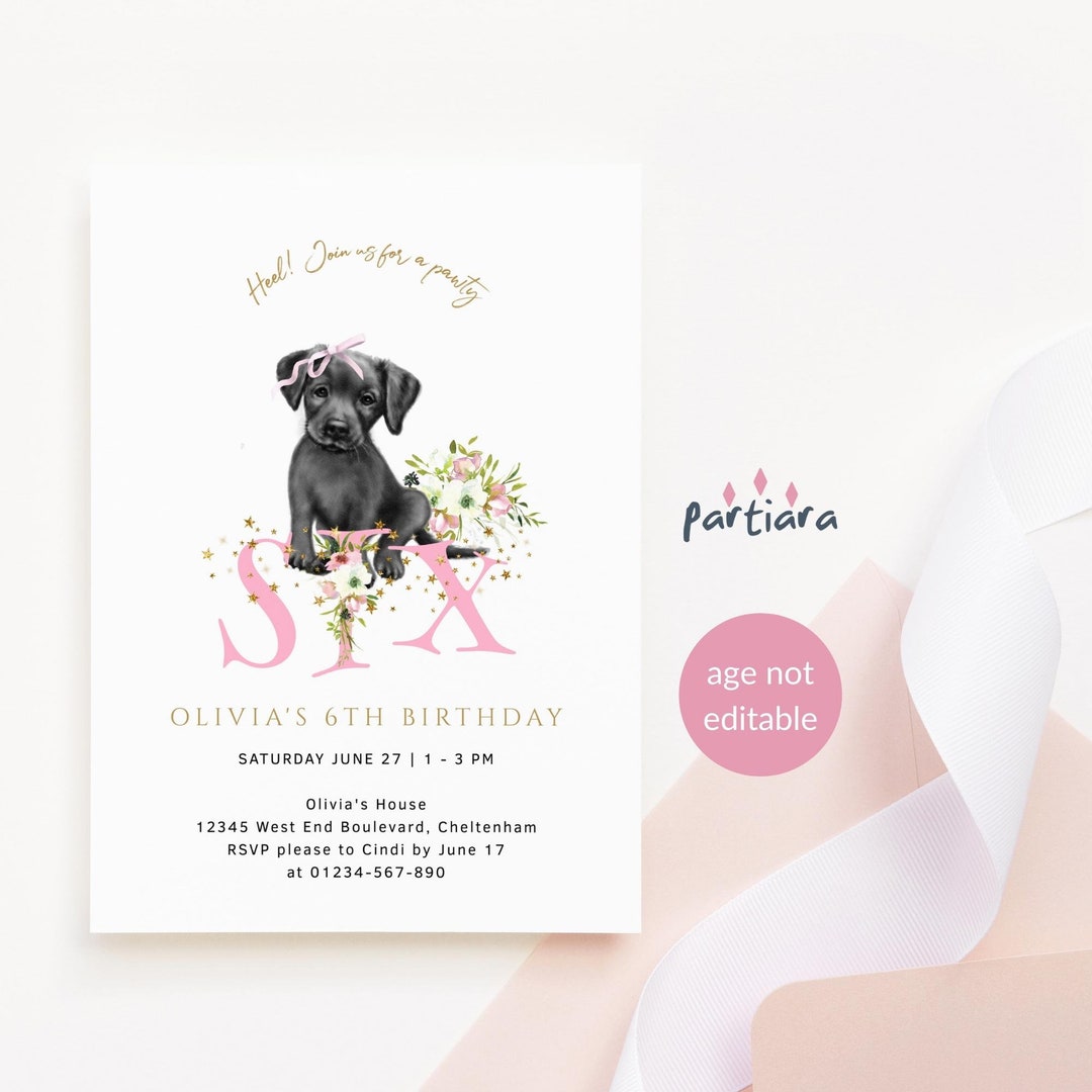 Girl 6th Birthday Puppy Party Invite Printable Black Labrador Dog Tea ...