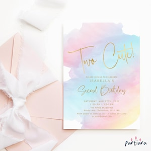 Girl Two Cute 2nd Birthday Invitation Printable Pastel Rainbow Pink Gold Ombre Sky Clouds Tea Party Invite Editable Digital Template P179