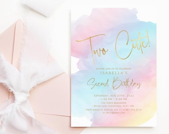 Girl Two Cute 2nd Birthday Invitation Printable Pastel Rainbow Pink Gold Ombre Sky Clouds Tea Party Invite Editable Digital Template P179