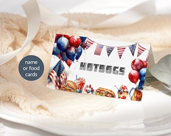 4th July Food Label Cards BBQ Party Name Place Card Printable Red White and Blue Independence Day Decor Editable Digital Download P804