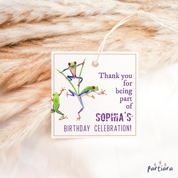 Birthday Frog Thank You Gift Tag Printable Boy or Girls Jump Party Favors Label Purple Lime Green Editable Digital Download Template P22