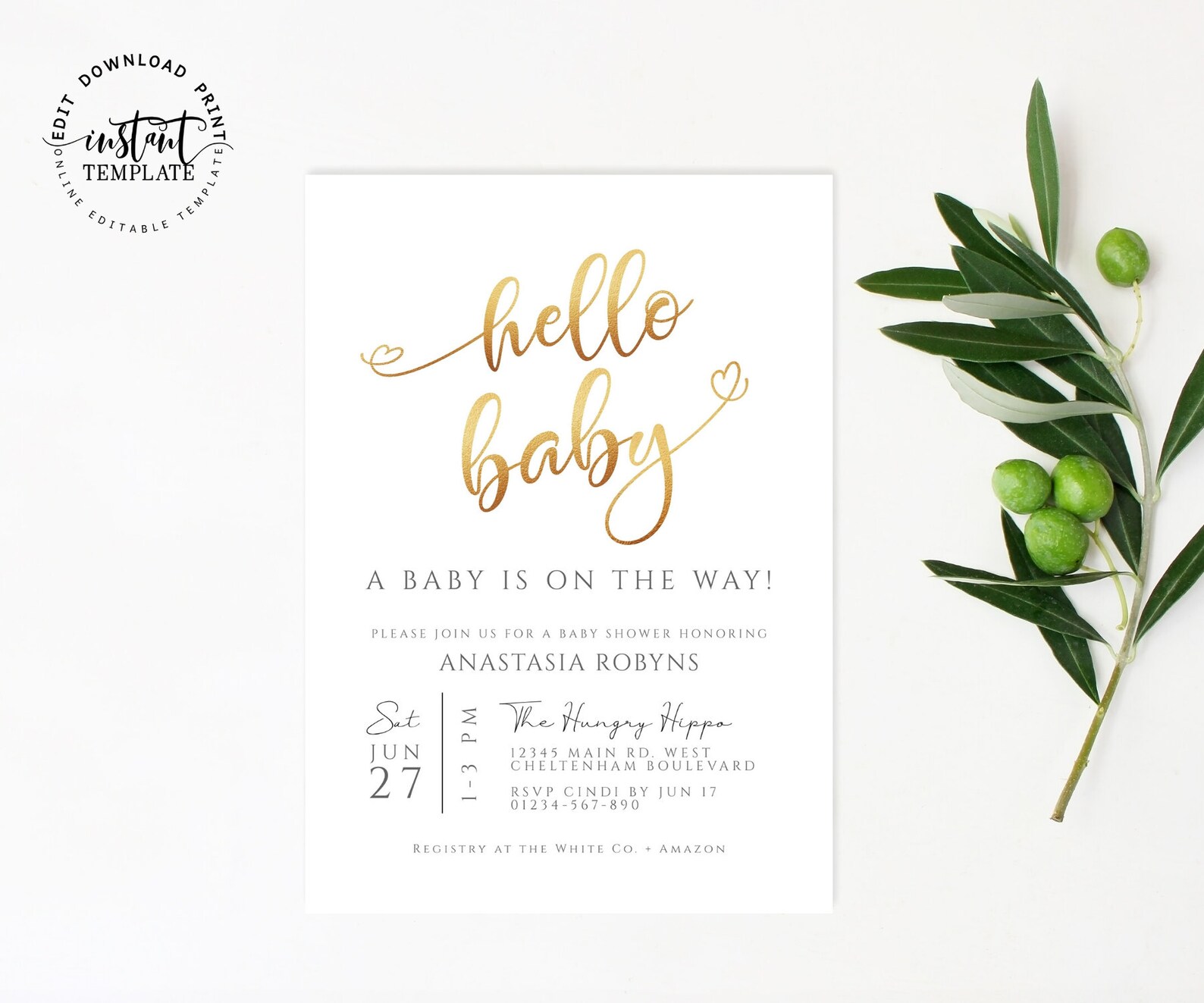 All White Baby Shower Invitation Editable Template Gender Etsy