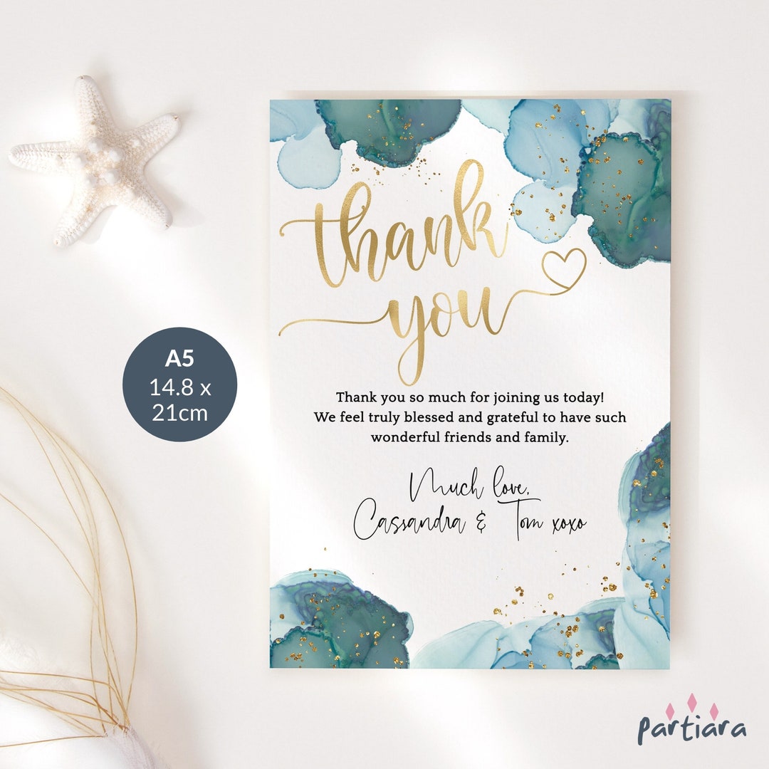 Editable Birthday Thank You Card Teal Blue and Gold Ladies Dinner Party ...