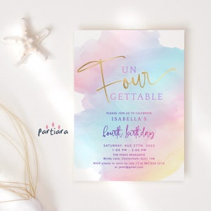4. Geburtstagseinladung Party einladen Druckbare, Mädchen Pastell Regenbogen Vierte Einladen Karte, bearbeitbarer digitaler Download P179