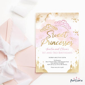 Plantilla de invitación de cumpleaños conjunta de princesas: Castillo de cuento de hadas rosa para niñas gemelas (descarga digital) P137