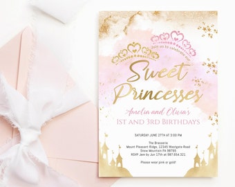 Convite de Aniversário Conjunto Princesa: Castelo de Conto de Fadas Rosa para Gêmeas (Download Digital) P137