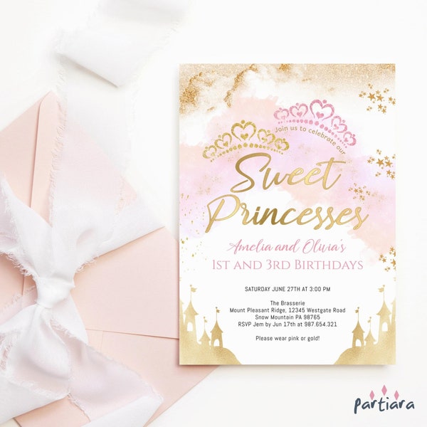 Princess Birthday Invitation Printable Twin Girls Fairytale Theme Party Invite Editable Template Pink and Gold Decor Digital Download P137