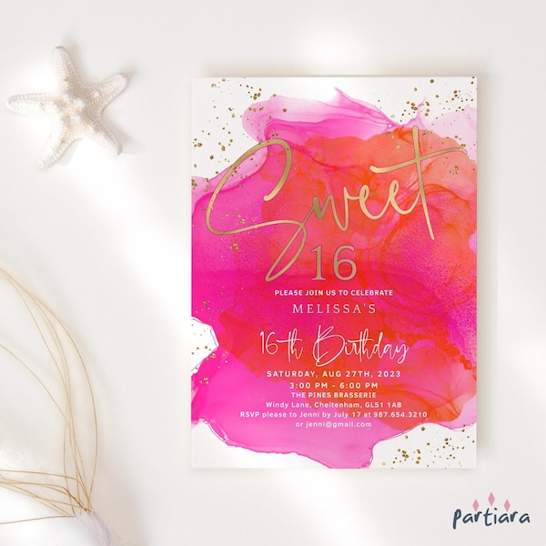 Invitación tropical para fiesta de quince años, color naranja y rosa intenso, para brunch, almuerzo o discoteca, imprimible, editable, descarga la plantilla P200