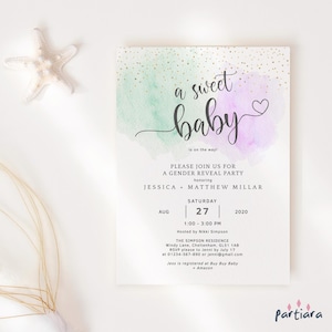 Lilac Gender Reveal Invitation, Baby Shower Pastel Party Invite Printable, Mint Green Purple Boy Girl Neutral Decor, Editable Template P16