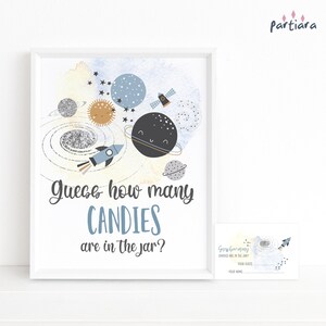 SPACE Babypartyspiel Raten Sie, wie viele Süßigkeiten im Glas sind, Junge Planeten Sonne Mond und Sterne Party Aktivität Tisch Poster Dekor, bearbeitbar P166