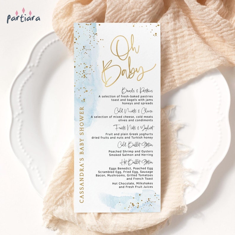 Boy Baby Shower Menu Printable Pastel Dusky Blue and Gold Etsy