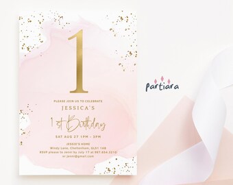Girls First Birthday Invitation Pastel Pink Party Editable Template (Digital Download) P458
