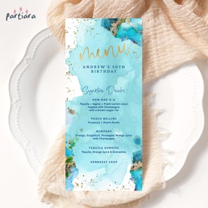 Szablon menu Aqua Blue, menu urodzinowe do wydrukowania, karty menu na stół imprezowy w kolorze turkusowo-złotym z motywem plaży, edytowalny szablon P243
