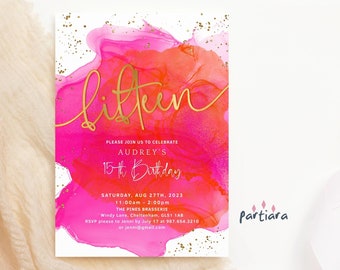 Hot Pink Orange 15th Birthday Invite Girl Brunch Lunch Tropical Party Invitations Fuchsia Pinks Gold Decor Printable Editable Download P200