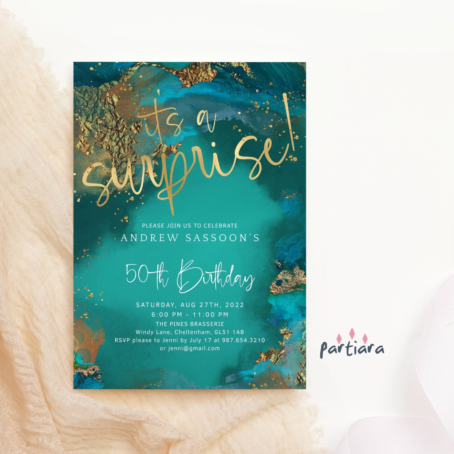 Editable Surprise Party Invite Emerald Green Gold Birthday Etsy