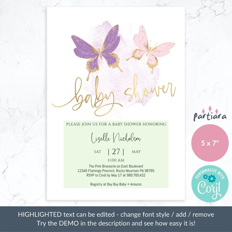 Pink Purple Butterfly Baby Shower Invitation Girl Editable Etsy