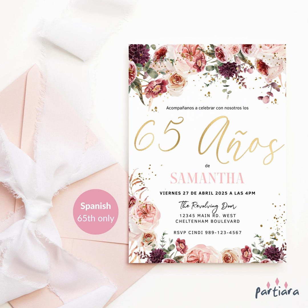 65th Birthday Invitation in Spanish, Ladies Pink 65 Birthday Printable ...