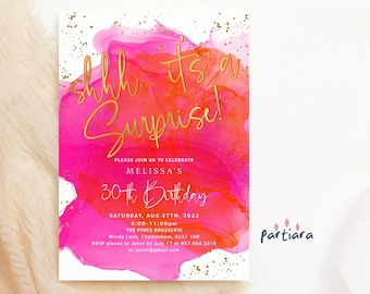 Orange Pink Surprise Invite Birthday Dinner Party Invitation for Ladies Printable Tropical Hot Fuchsia Gold Decor Editable Download P200