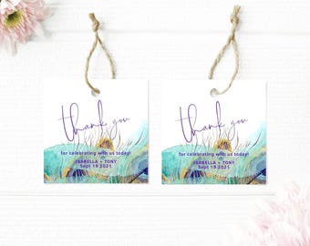 Peacock Favor Tag Template, Bridal Shower Peacock Feathers Thank You Gifts Label Printable, Editable Birthday Tags Digital Download P83